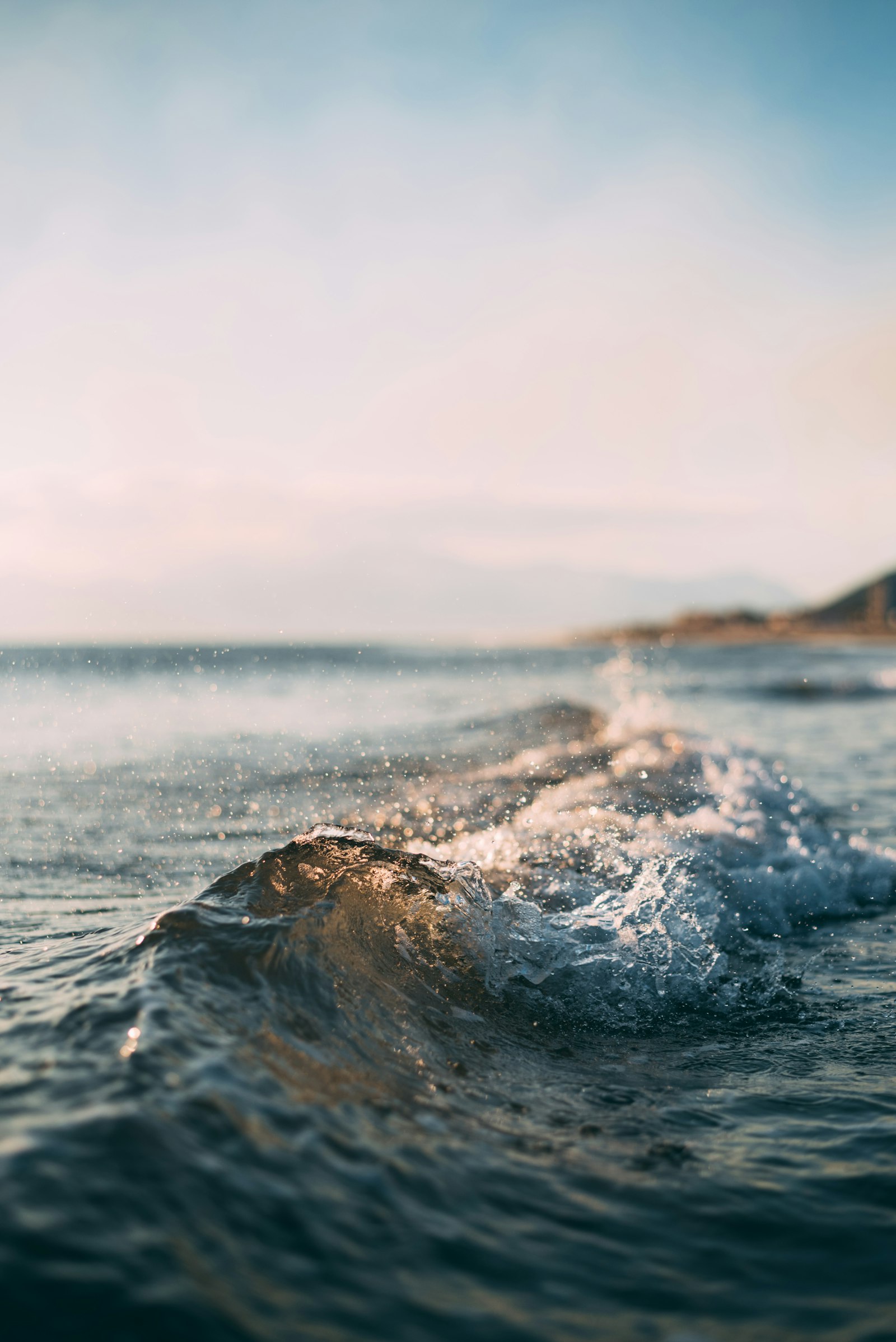 A soft wave catching first light, pale pink sky above a calm sea.